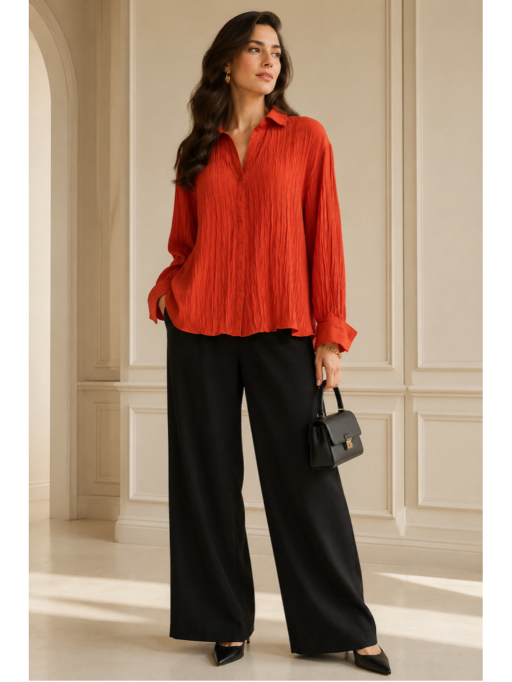 Cato Orange Crinkle Button-Down Blouse – Size Large